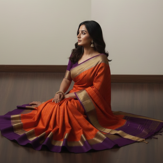 Pure Wrinkle Crepe Saree – Orange & Purple Line