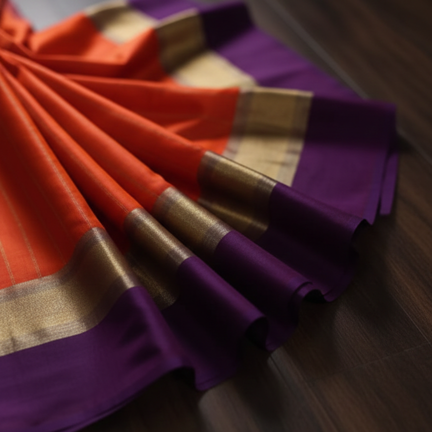 Pure Wrinkle Crepe Saree – Orange & Purple Line