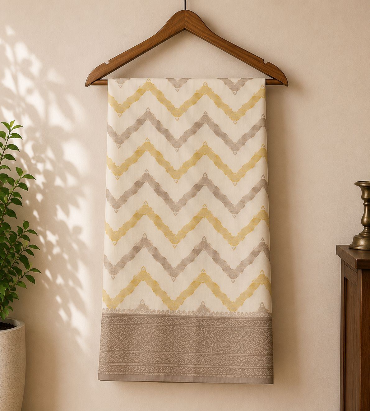 Chanderi Silk Saree – Ivory Chevron